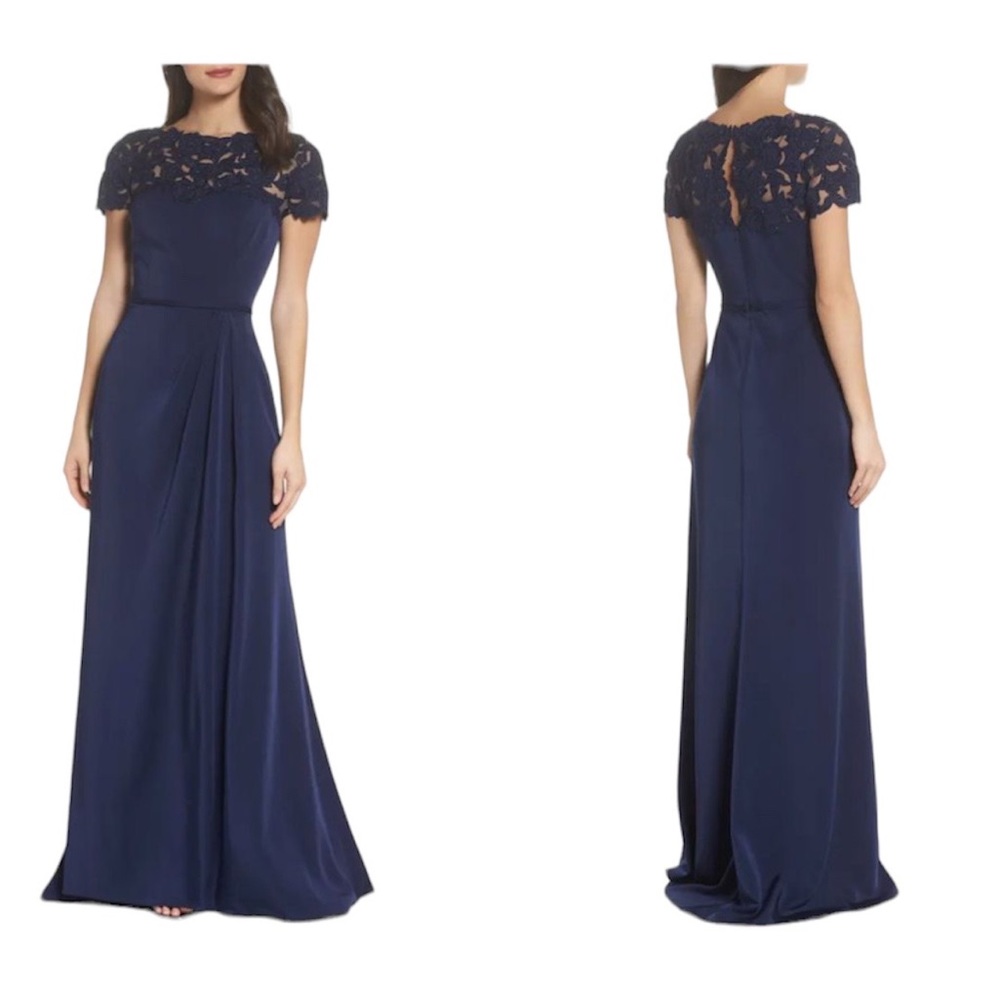 La Femme Floral Neckline Gown in Navy